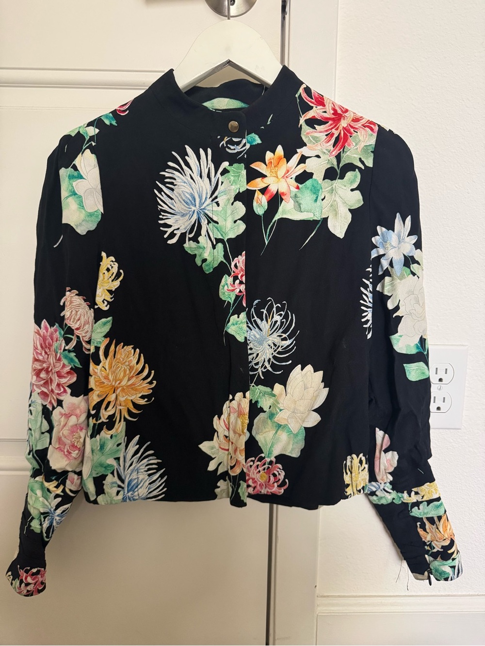 Zara Black Floral Zip-Front Blouse with Green and Orange Accents
